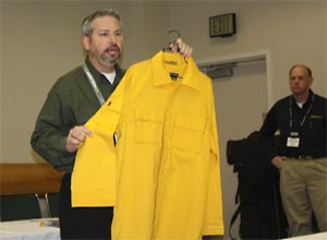 Photo Scott M. BrunerDavid Hein of 5.11 Tactical displays the new Wildland Brush Shirt at FDIC, ahead of the fall release.