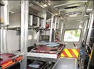 Paul W. Gillespie/The CapitalThe stretcher sections on both sides inside Annapolis County's new mass casualty Medical Ambulance Unit can be removed for drop-down seating for ambulatory patients.