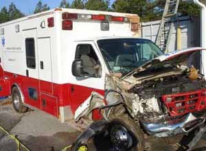Photo NIOSHDamage can be seen to the front of the ambulance after the crash