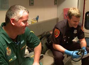 Photo Ted SetlaParamedics Mark Glencorse, left, and Justin Schorr share a laugh in an ambulance in San Francisco last Tuesday. Glencorse, who works in England, is shadowing Schorr and learning about the American EMS system after becoming friends through their blogs.