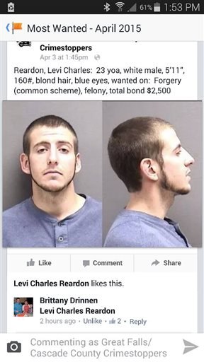 This cellphone screenshot shows the mugshots of Levi Charles Reardon.