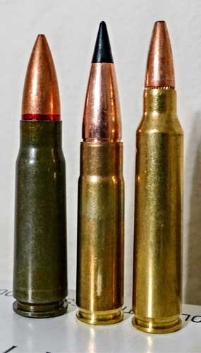 The 300BLK flanked by the Russian 7.62x39 on the left and the 223 Remington on the right.