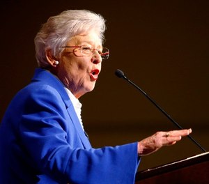 In this June 5, 2018, file photo, Alabama Gov. Kay Ivey speaks to supporters at a hotel in Montgomery, Ala. After some Alabama sheriffs profited large sums of money by skimping on jailhouse meals, Ivey said Tuesday, July 10, that the state will no longer give jail food funds to “sheriffs personally.” (AP Photo/Butch Dill, File)