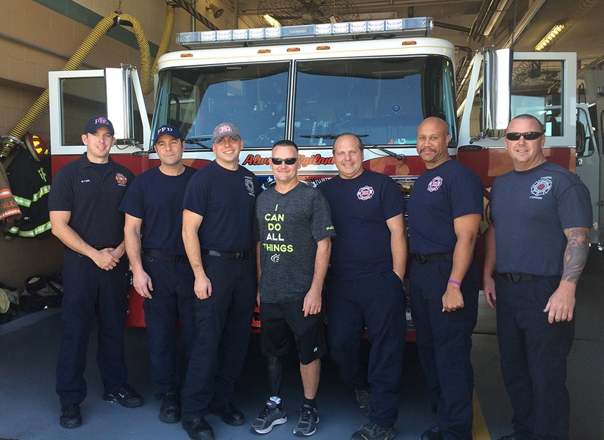 Anderson with his fire crew. He says the support from his fellow firefighters in encouraging him and helping him return to duty, as well as looking after his family during his recovery, was phenomenal.