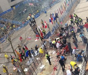 Two bombs made from pressure cookers detonated near the finish line at the Boston Marathon, killing 3 and wounding hundreds. (AP Image)