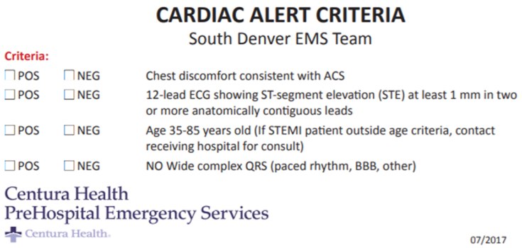An example of a cardiac alert criteria card from South Denver EMS.