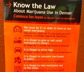 My good friend (and former PoliceOne colleague) Hayley Hudson wrote a pretty great article about her experience on the first day of over-the-counter pot purchases in her home state of Colorado. In it, Hayley noted that there are signs with “a bunch of legal reminders” like the image above posted all around Denver. (Image Courtesy of Hayley Hudson)
