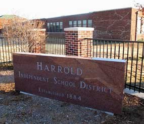 This Monday, Dec. 17, 2012 photo shows the sign in front of the Harrold Independent School District in Harrold, Texas.