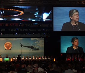 Secretary of the Department of Homeland Security Janet Napolitano delivers her keynote speech Saturday.