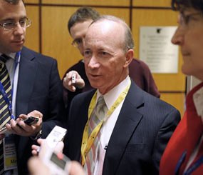 Indiana Gov. Mitch Daniels speaks with reporters during the National Governors Association winter meeting in Washington, Saturday, Feb. 25, 2012.