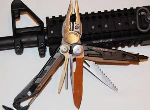The Leatherman's many features include a M.U.T. EOD (17 tools, three-piece bit kit) model with a cap crimper, fuse wire cutters and a C4 punch.