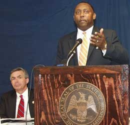 Mississippi Department of Corrections Commissioner Chris Epps speaks at an event highlighting the early success of