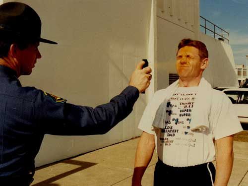 Two officers participate in a grappling training exercise