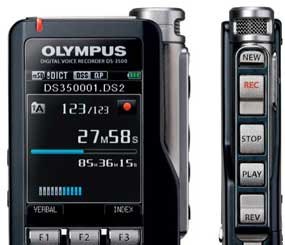 Using a handheld recorder like the Olympus DS-3500 eliminates the need for a computer alongside the person doing the dictating. It comfortably fits and can be operated by one hand. (Image Courtesy of Olympus)