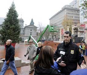 Portland police sergeant Pete Simpson in Pioneer square after a car bomb plot by a Somali-born teenager was foiled during the annual tree lighting ceremony.
