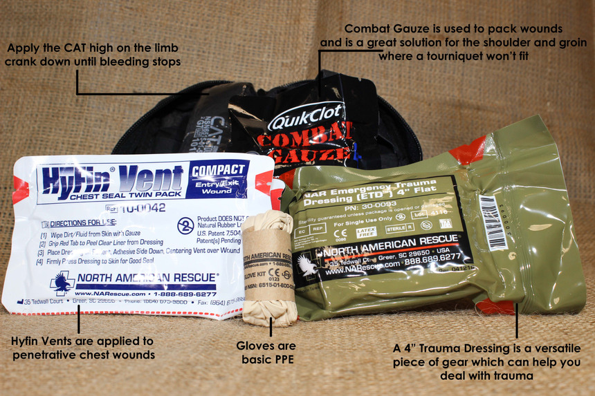 Compact medical kits are usually equipped with a chest seal, gloves, a tourniquet, combat gauze and trauma dressing.