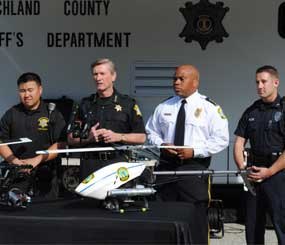 Sheriff Leon Lott, Deputy Kim, Columbia Police Chief Randy Scott, and Columbia Police Officer Brice, at a press event announcing the “Aerial Intelligence and Response” program in South Carolina. (Image Courtesy of Richland County Sheriff's Department)