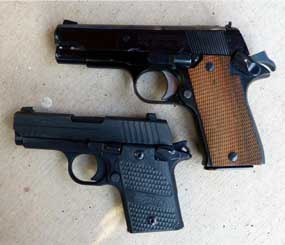 The SIG (left) — like the Star (right) — looks like a scaled down M1911. The magazine release, manual safety, and slide release are all in comfortable and familiar locations, but there is no grip safety.