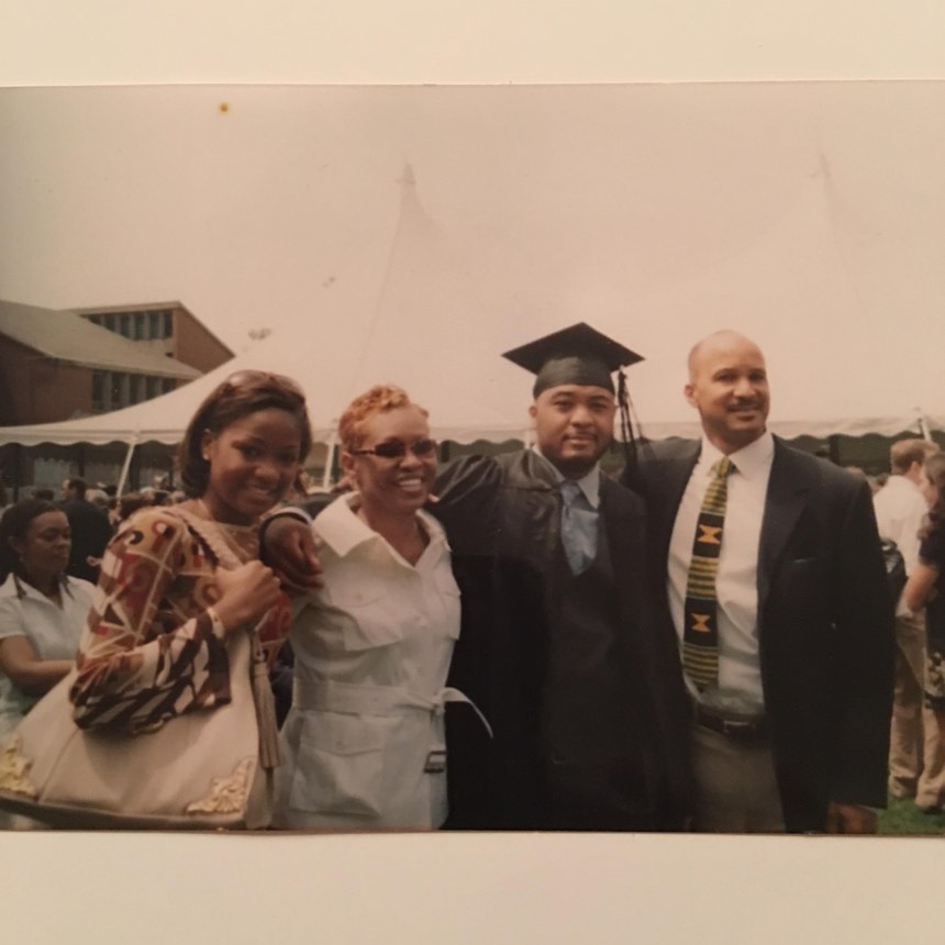 D.J. celebrates his graduation from Lasell College with Nicole, Roxanne and his father, Dennis.
