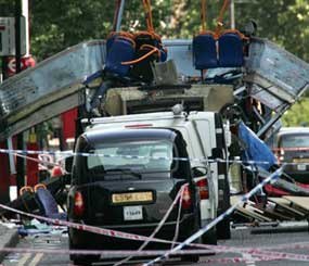 During the 7/7 attacks, three highly-coordinated explosions shook the London Underground railway system at precisely 0850 hours, and another explosion decimated a double-decker bus (shown above) in Tavistock Square less than an hour later. Those four suicide/homicide bombers killed 52 people and injured more than 700 others.