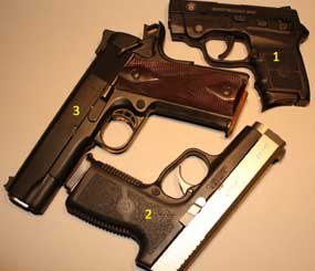 In this image, you can see three great options for concealed carry: #1 S&W Bodyguard .380 ACP, #2 Kahr CW40 .40S&W, #3 Colt LW Commander .45 ACP. (PoliceOne Image)