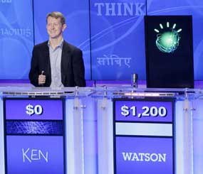 In mid-February of this year, IBM’s Watson supercomputer — named after company founder Thomas Watson — all but dismantled Jeopardy “super champions” champions Ken Jennings (left) and Brad Rutter