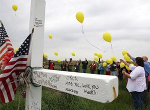Balloons are released in memory of those who died a year ago in the West Fertilizer Plant explosion. Fifteen people were killed, including 12 volunteer firefighters and others responding to the fire, and more than 200 were injured.
