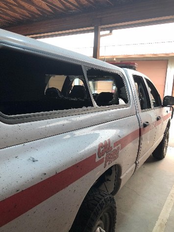 The windows were blown out of the truck CAL FIRE Captain Shawn Raley used to evacuate two civilians as the fire bore down on them. (Photo/Courtesy CAL FIRE)