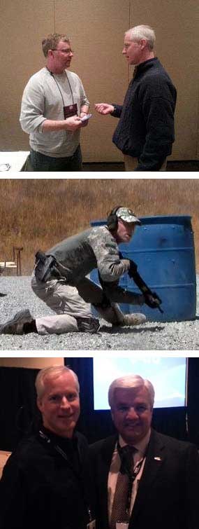 Three things — two in seminar settings, and one on the square range — that came up during my own ongoing training are among my handful of memories of 2013 highlighted in this space. At top, I meet and speak with Lieutenant Brian Murphy of the Oak Creek (Wis.) Police Department. At middle, I work on my rapid deployment carbine skills in a training near San Jose (Calif.). At bottom, I stand with my good friend, Bob Paudert, Chief of Police (Ret.) from West Memphis PD.