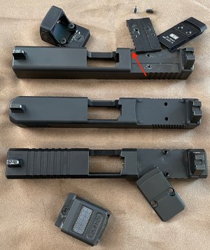 Figure 1: OEM Glock MOS slide with OEM and aftermarket plates. Below are two aftermarket slides.