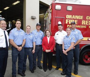 Orange County Mayor Teresa Jacobs, Orange County Fire Department Chief Otto Drozd III and Medical Director Dr. Christian Zuver announced Project Leave Behind, which supplies the department with naloxone kits to give to the families and loved ones of those treated for an overdose. (Photo/Orange County)