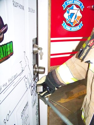 On doors that open away from the firefighter, the force wedge is simply used to save any progress made with the fork end of the Halligan. This method requires more manipulation of the wedge and Halligan but is quite effective when a single firefighter needs to force a door.