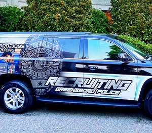 A Greensboro Police Department vehicle advertises police jobs in Greensboro, N.C.