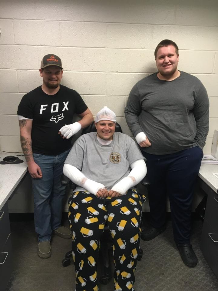 (From left to right) Charlestown Volunteer Fire Company Firefighters Ryan Jenkins, Danny Miller and Jordan Heverin returned to the fire station to be fitted for new gear on Thursday after being burned in a trailer fire earlier this month.