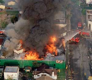 A fire burns out of control at the corner of 67th St. and West Blvd. in South Central Los Angeles April 30, 1992. Hundreds of stores were burned after rioting erupted after the verdicts in the Rodney King assault case.