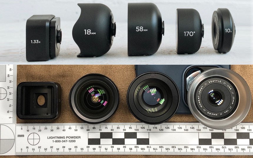 Side view L-R Moment anamorphic, 18mm wide-angle, 58mm telephoto, 170-degree fisheye and 10x macro lenses. The view from the front does not show the fisheye lens. Note how the mounted lens on the far right is blocking the other optical sensors.