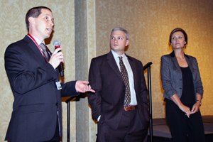 From left to right: Snohomish Fire Department Captain Shaughn Maxwell, Spokane Fire Department Assistant Chief Brian Schaeffer and Evolution Health Vice President Brandy Sparkman, RN, speak during the Q&A portion of the conference.