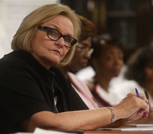 Sen. Claire McCaskill (D- Missouri) listens during a roundtable discussion on healthcare on May 4, 2018.