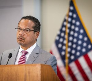 Attorney General Keith Ellison speaks during a press conference at the Minnesota Department of Revenue.
