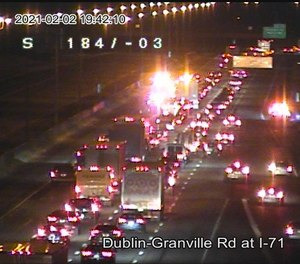 This Ohio Department of Transportation OHGO traffic camera image shows northbound lanes of Interstate 71 closed after a man was struck by an ambulance while allegedly fleeing a crash scene.