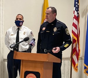 New Britain Fire Chief Raul Ortiz (left) and Police Chief Christopher Chute discuss a new recruitment drive for the city's emergency services at a press conference on Feb. 4. The city is seeking to recruit more women and people of color to join its police, fire and EMS departments.