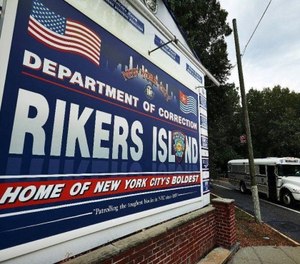 Sign at the entrance to Rikers Island.