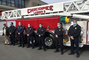 Members of the Chicopee Fire Department stand in front of the city's new ladder truck. They are (from right to left) Deputy Chief Matthew Cross, Chief Daniel Stamborski, Lt. Matthew Zabik, firefighter Joseph Berge, Capt. Ryan Lynch, firefigher Liam St. Marie and City Councilor Gerard Roy, a retired firefighter.