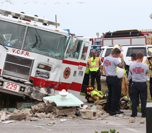An SUV driver was seriously injured in a head-on collision with a fire engine on Monday.