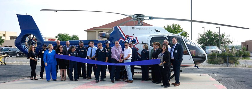 Dignitaries gather for a ribbon cutting on July 22, 2021 at Carlsbad Medical Center. Native Air moved its helicopter operations from Cavern City Air Terminal to the hospital.