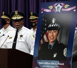 Police Superintendent David Brown announces that charges have been filed in the death of Chicago Police Officer Ella French (seen in photo), who was shot and killed during a traffic stop.