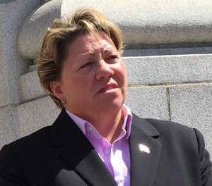 Franchina outside U.S. District Court after winning her gender discrimination and sexual harassment suit against the city.