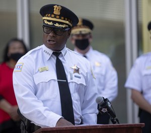 Chicago police Superintendent David Brown discusses the expansion of the community safety team during a news conference outside the Chicago Police Department 5th district station on Sept. 21, 2020.
