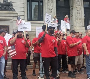 Police and fire unions from around New Jersey rallied in front of Newark City Hall on Wednesday, Sept. 8, 2021 against Mayor Ras Baraka's vaccine mandate for public employees.