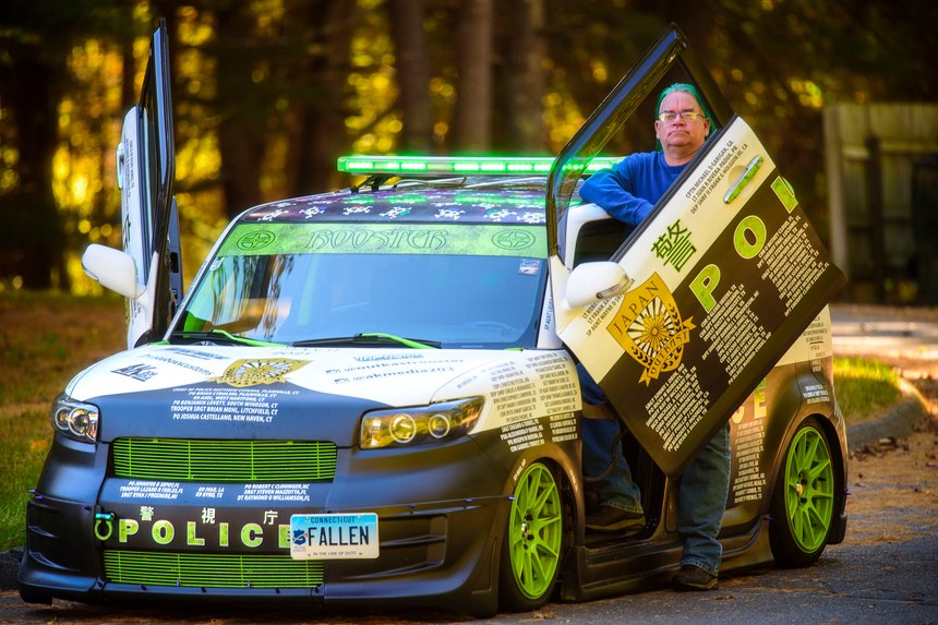 Kayle "Rooster" Knight has been memorializing fallen police officers on his 2010 Scion XB.